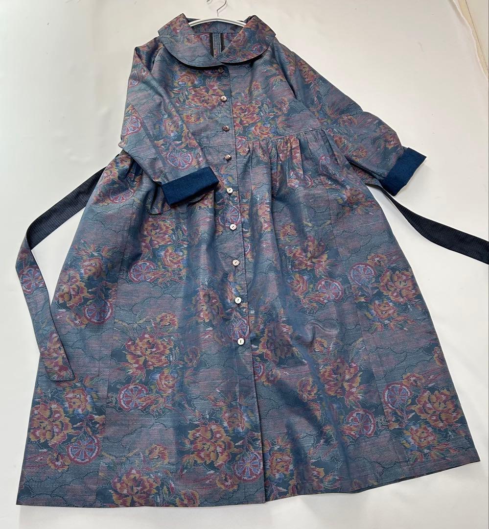 新品未使用7マルキ大島紬＊重ね衿前開きワンピース＊着物リメイク