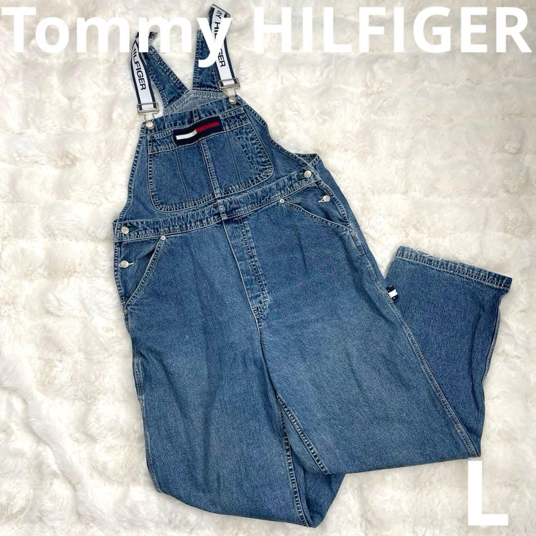 トミーヒルフィガー　オーバーオール　L 大きいサイズ　希少　90s ロゴ　デニム 古着 90s TOMMY JEANS フラッグ ロゴ パッチ デニム オーバーオール L