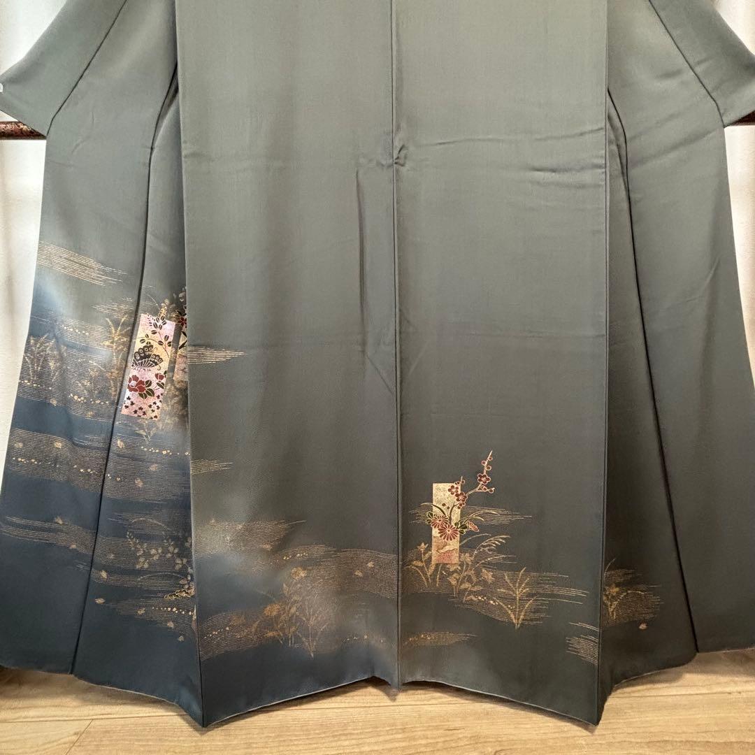 超美品 訪問着 着物 金彩 紺 グリーン トールサイズ 着丈165 裄68.5