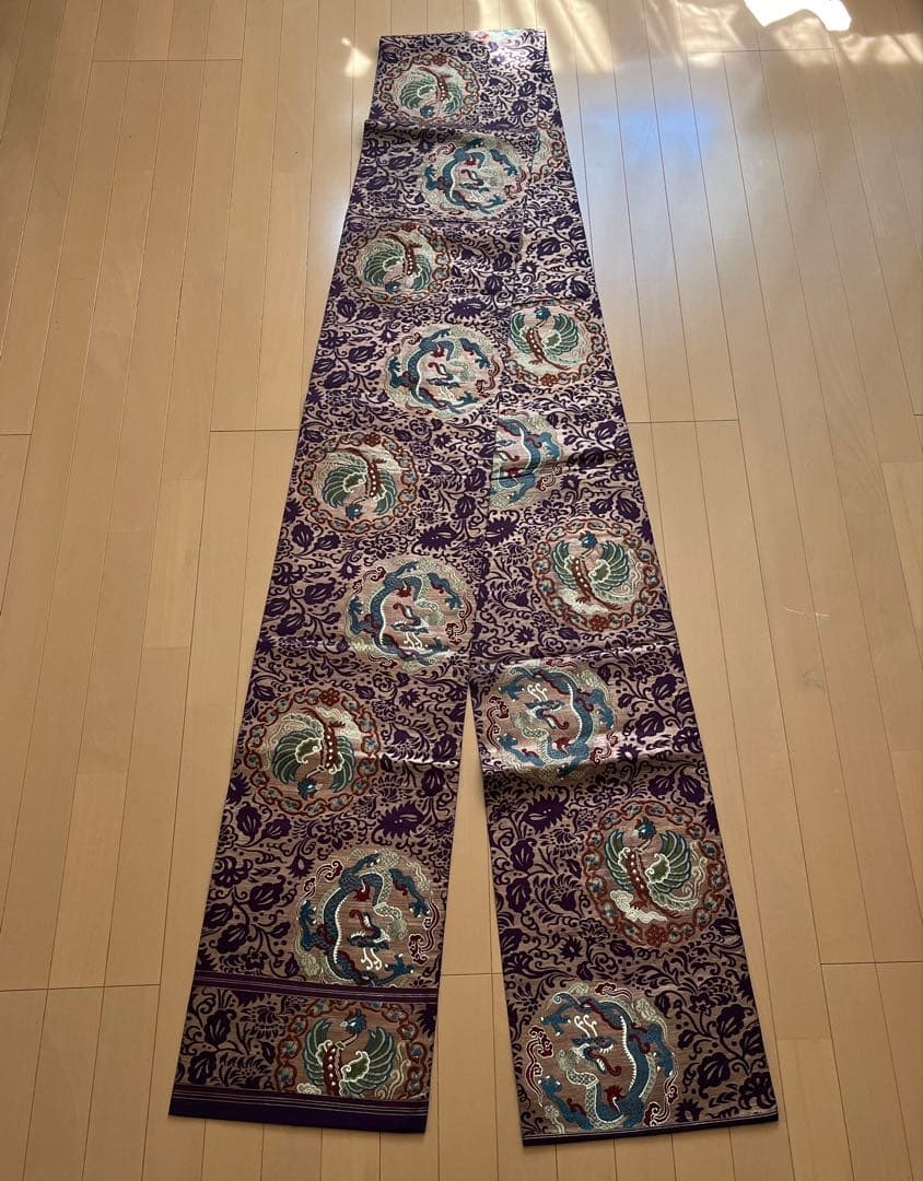 丸帯 アンティーク 正絹 龍と鳳凰 更紗 ブラウンゴールド 紫 緑 難あり