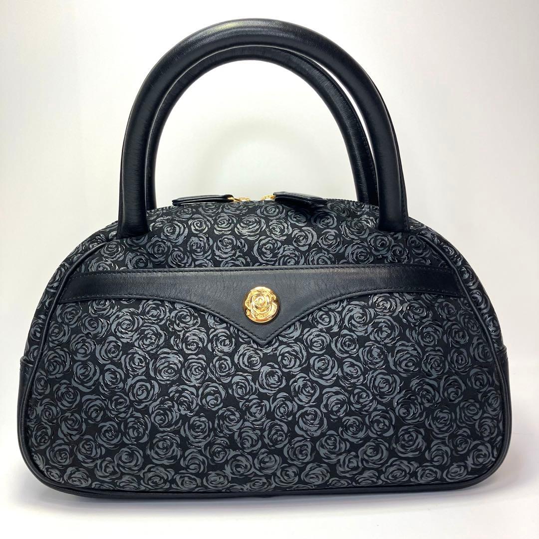印傳屋 INDENYA ハンドバッグ 薔薇柄 鹿革 黒地 黒漆 レザー 花柄
