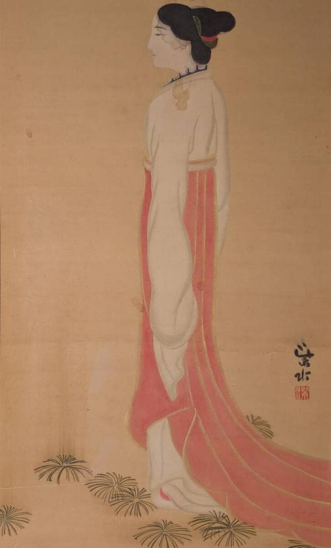 真作】絵画 日本画 佳人立姿 優美なる大和の美 古典的美の余韻 Y130