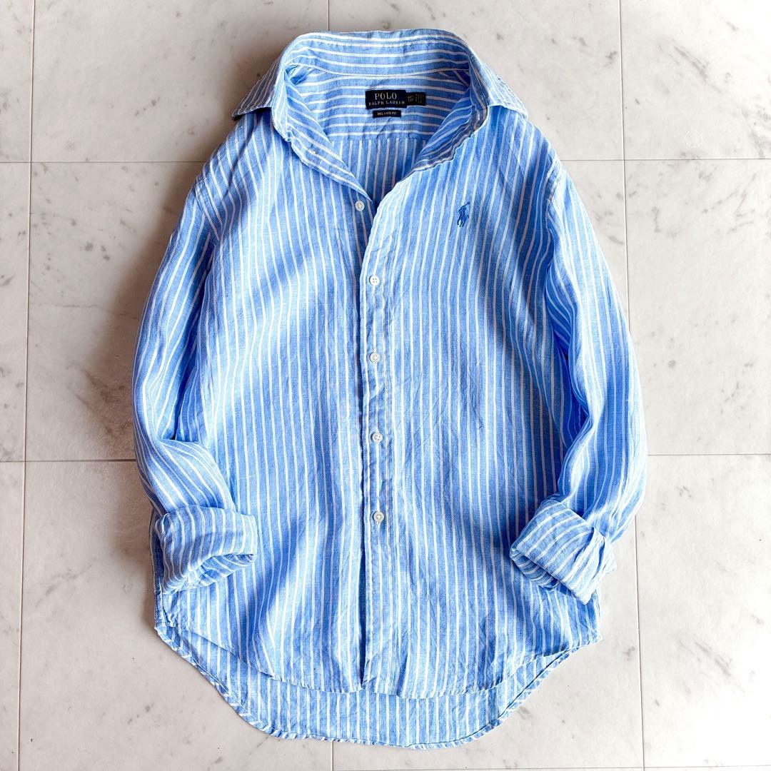 ポロラルフローレン ストライプリネンシャツ 麻100% ライトブルー