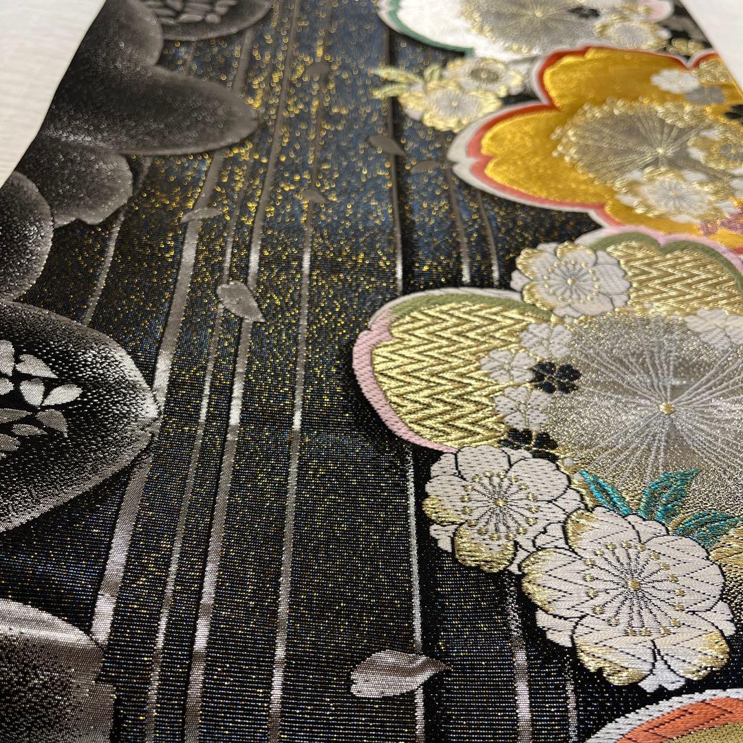 振袖用袋帯 正絹 ゴージャス＆クール 金銀糸の大胆な桜模様（446㎝）