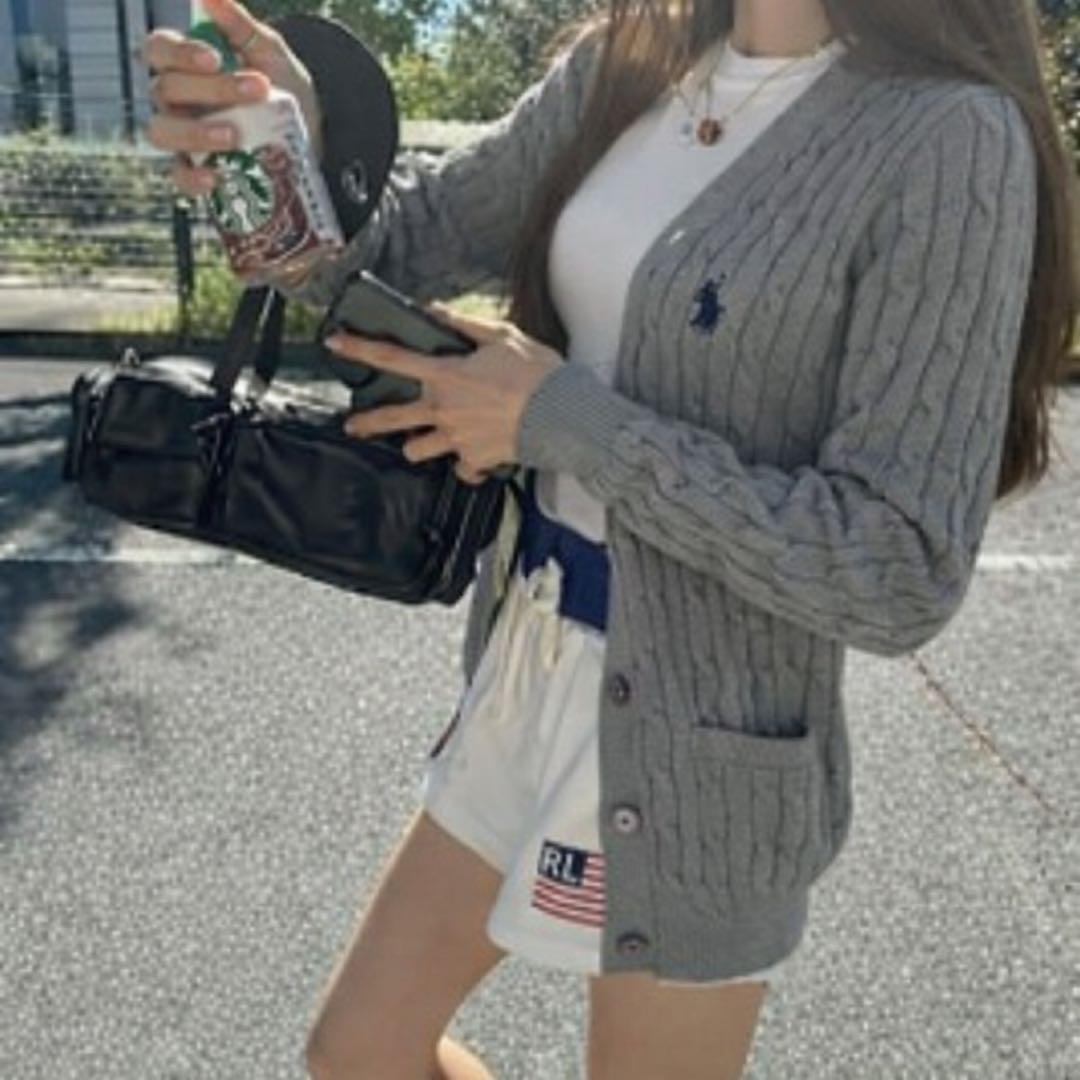 ラルフローレン ケーブルニットカーディガン グレー XS グレー×白