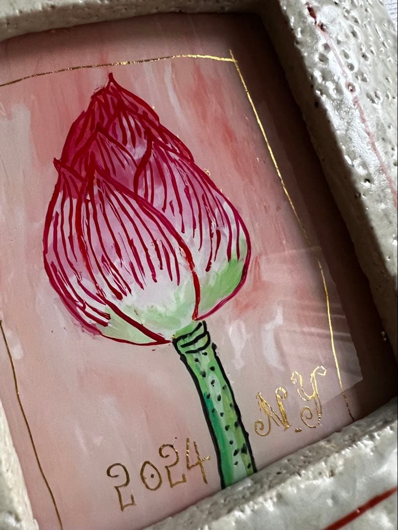 貴重・岩井窯 山本教行さんの陶器・ガラス絵 蓮子花