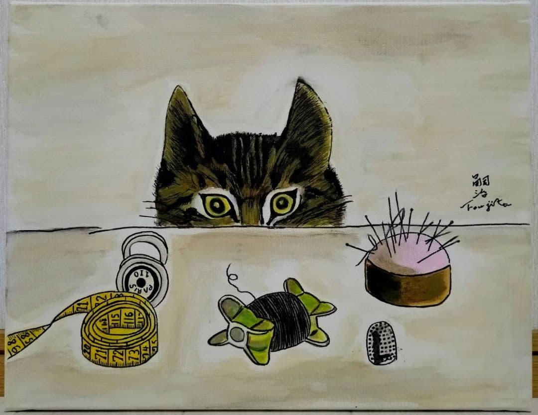 F6号】藤田嗣治【仕立て屋の猫】手描き/表裏サイン・鑑定書有/油彩