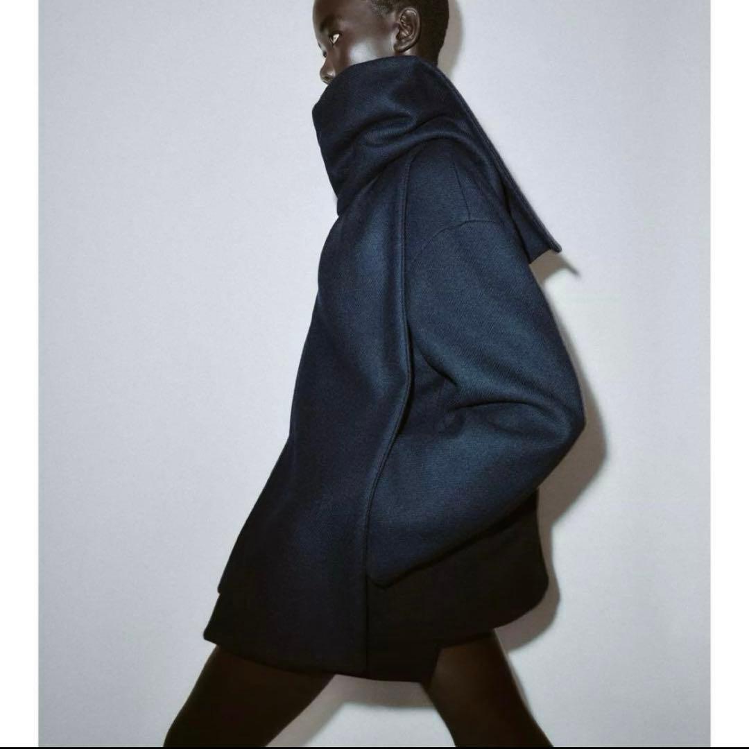 ZARA ウールショートスカーフコート ネイビー - メルカリ