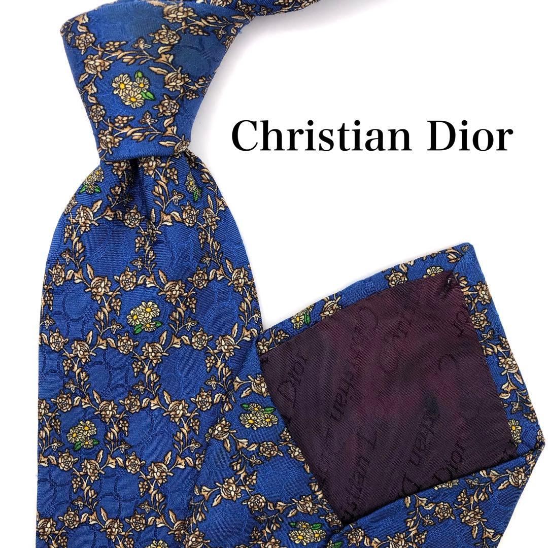 美品】Christian Dior ネクタイ チェック 花柄 ブルー ブラウン - メルカリ