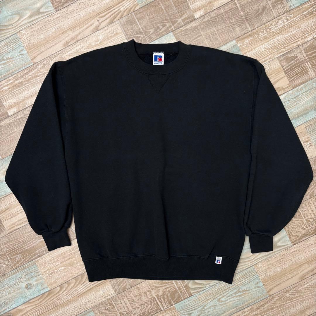 USA製 ラッセル スウェット ブラック 無地 ブランク 前V Lサイズ 90's RUSSELL ブランクスウェット 
