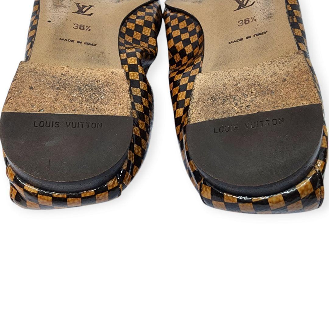 ルイヴィトン ダミエ 本革 パテントレザー リボン バレエシューズ 23.5cm