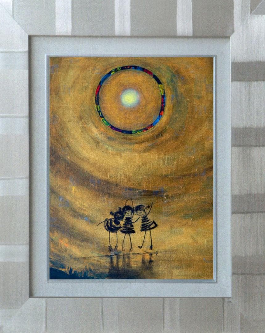 油絵 菅家令子 絵 絵画インテリア額付(青緑＋金色の枠) F4-081014