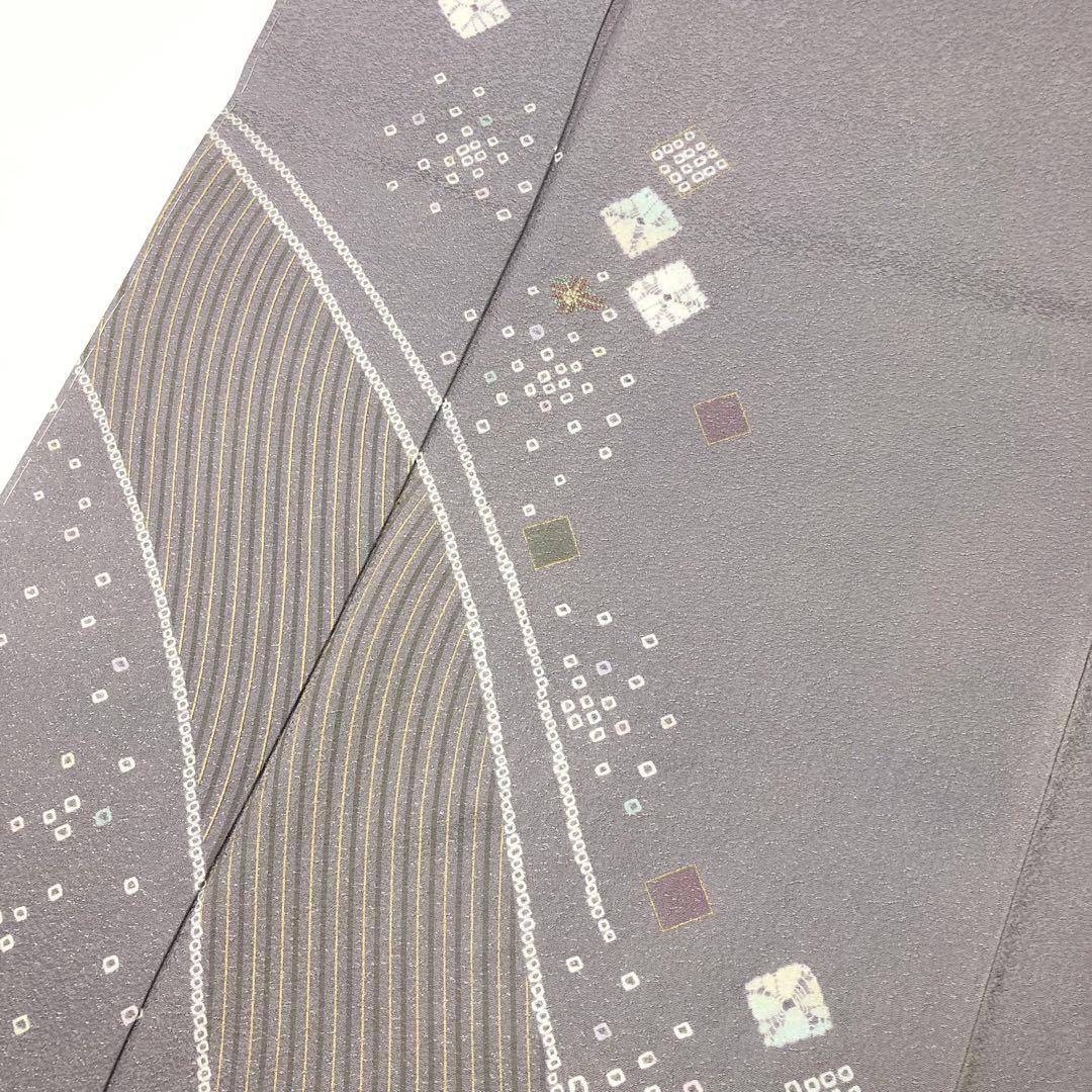 MK-1532 付下げ 絞り 刺繍 菱形 美しい曲線模様 紫鼠色 しつけ糸