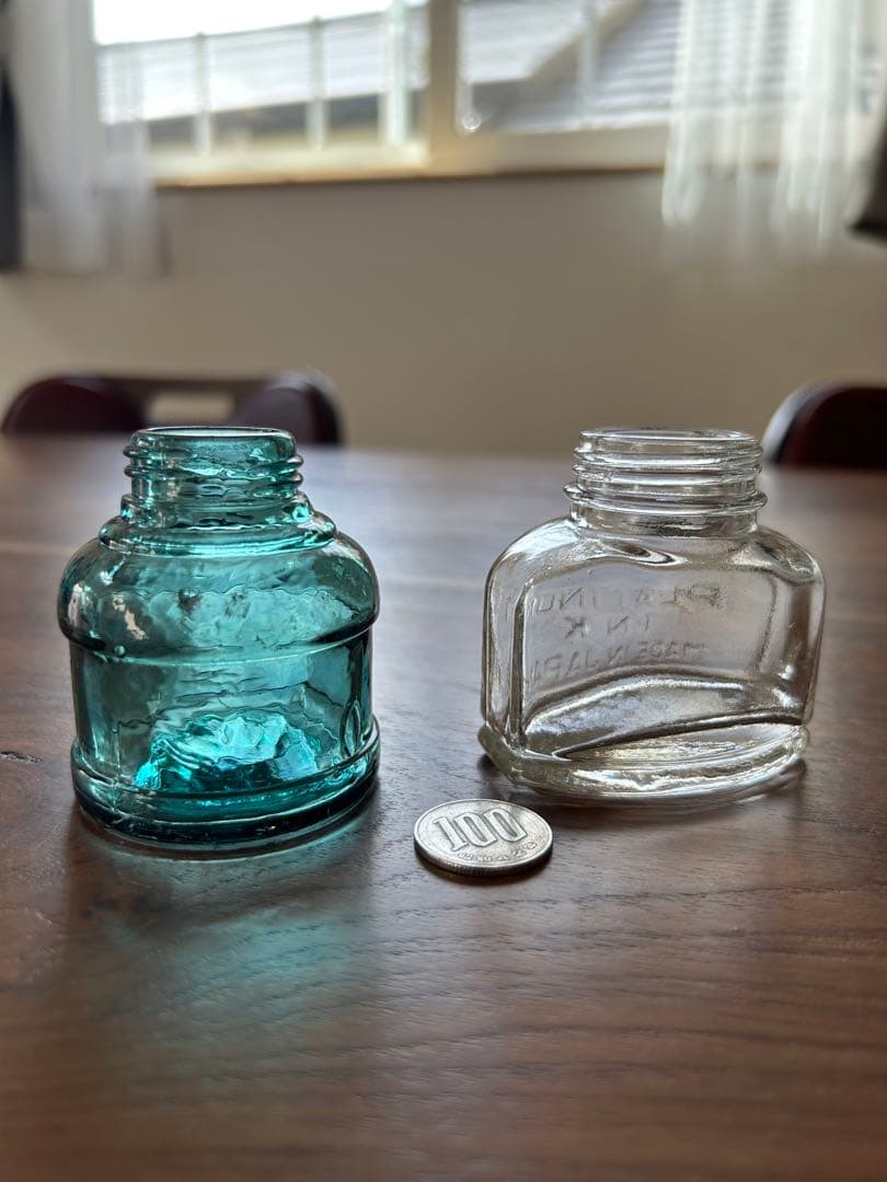 昭和レトロ 青色とクリアのガラスインク瓶セット ボトルディギング