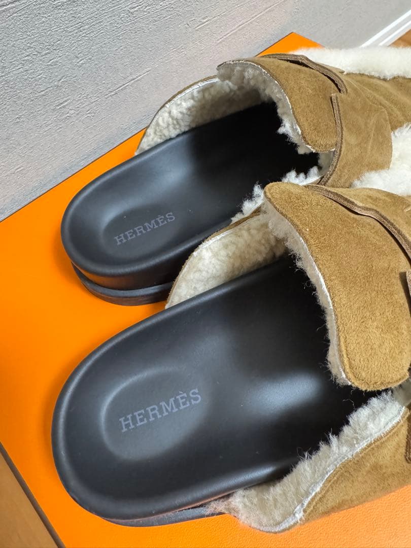 エルメス サンダル 37.5 ミュール ゴー ムートン ブラウン 24.5cm