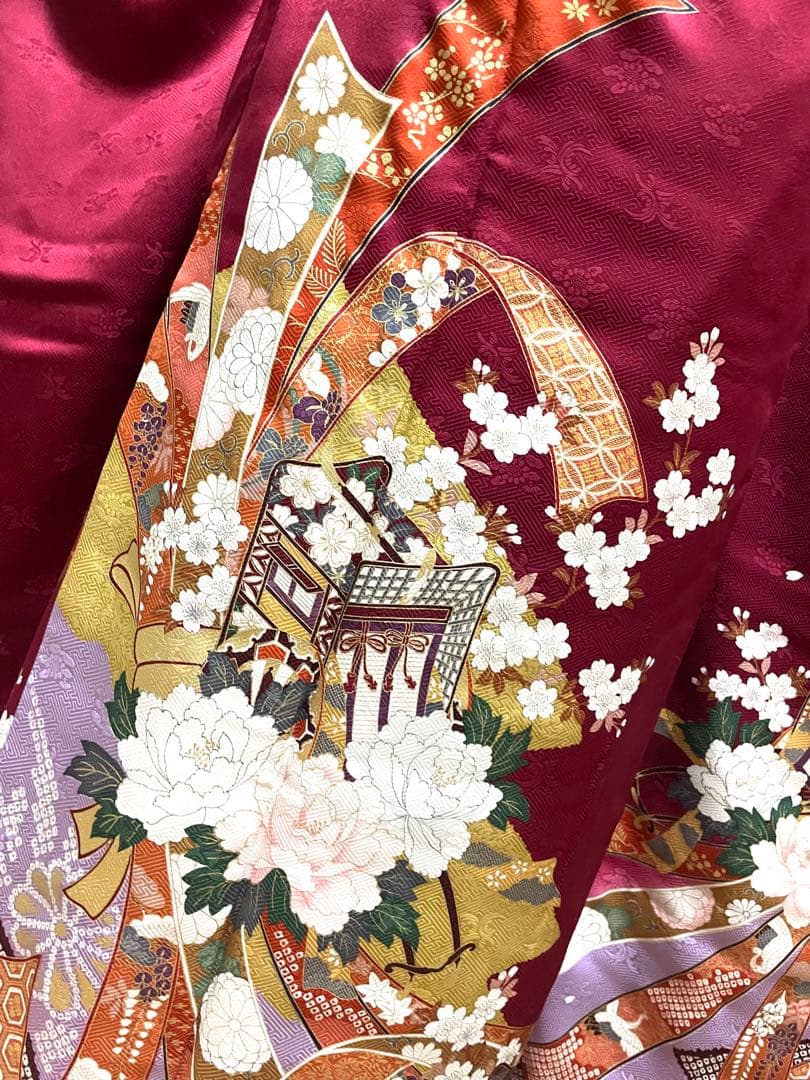 振袖フルセット6点サイズS〜M 束ね熨斗御所車花文 金彩 正絹 - メルカリ