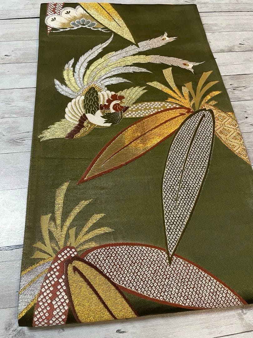 正絹 唐織 六通柄袋帯 鳳凰笹文様 '華飾' 金銀糸 艶やかな海松色 美品