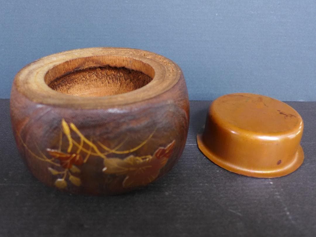 時代物 小型手あぶり火鉢 桑の木一刀彫 蒔絵 古道具 アンティーク 骨董