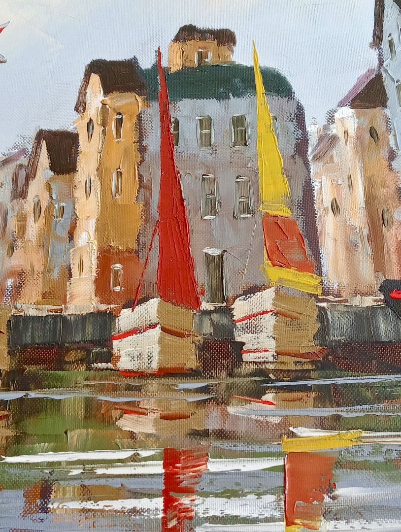 額縁付 1点物 油彩画 黒沢久 風景画『オンフルール』56 × 63cm