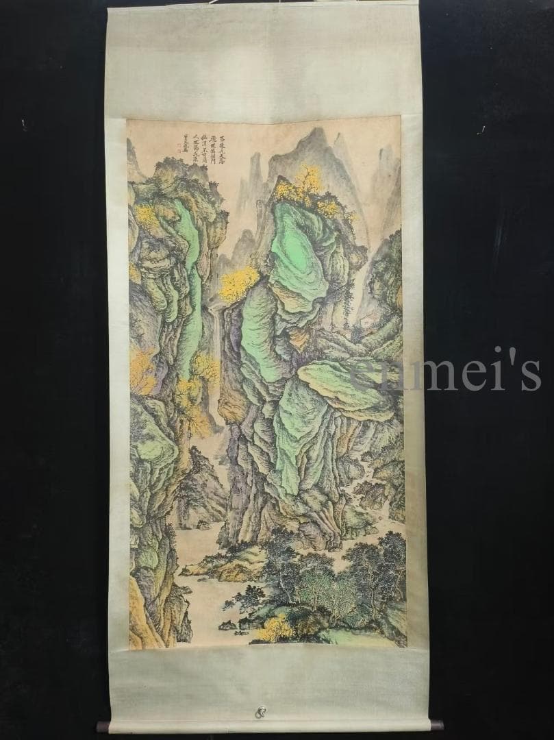 中国古美術 明代 仇英作款 山水風景 宣紙 水墨画 六尺中堂画 掛け軸