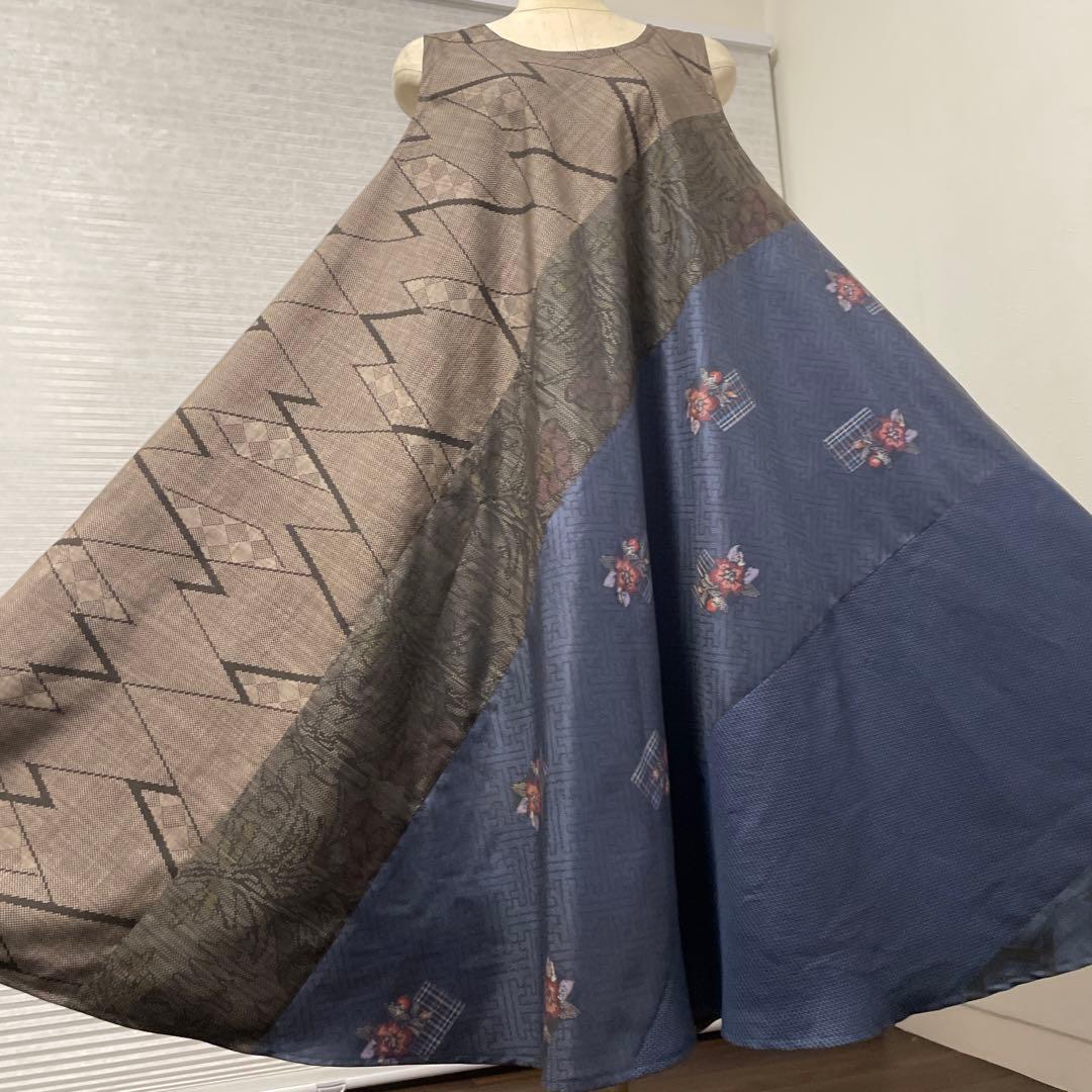 着物ワンピーステントラインロング丈《5》大島紬《龍郷柄7マルキ含む》や紬等L〜