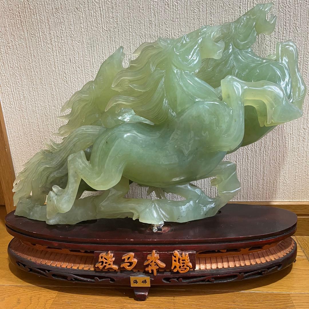 超希少/超巨大!! 中国美術 翡翠 ヒスイ 翔馬 跳ね馬 置き物 成功 馬3頭