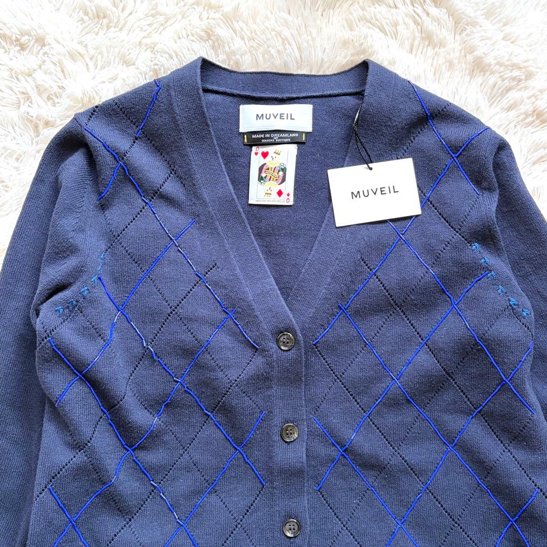 未使用 ミュベール 刺繍 アーガイル ニット レース カーディガン