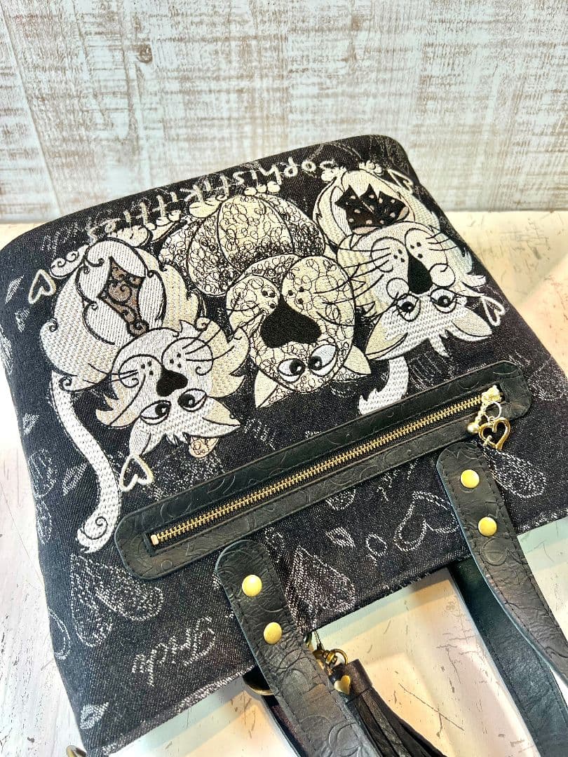 ロラライハリス♡ブラック英字デニム生地♡刺繍の楕円底バッグ♡長財布