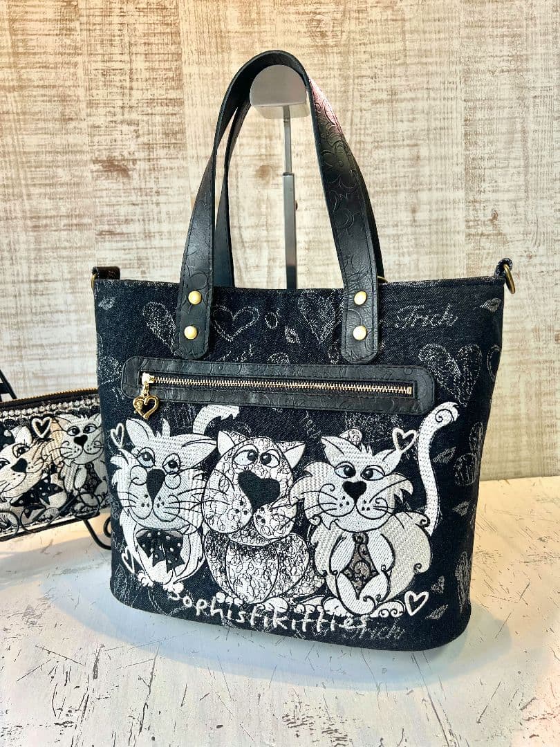 ロラライハリス♡ブラック英字デニム生地♡刺繍の楕円底バッグ♡長財布