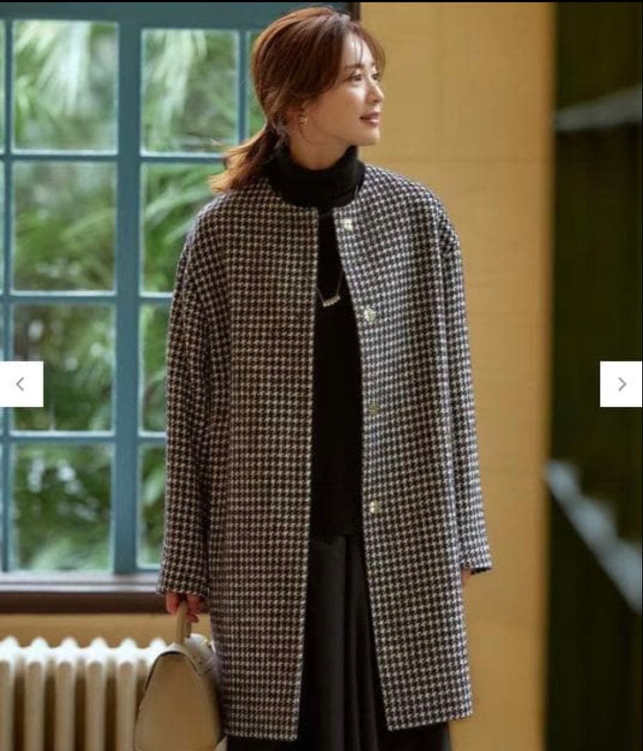 23区 千鳥格子 ノーカラーロングコート - メルカリ