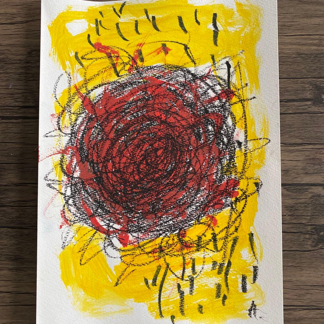 抽象画 黄色 赤 黒 手描き 絵画パステル画 現代アート インテリア