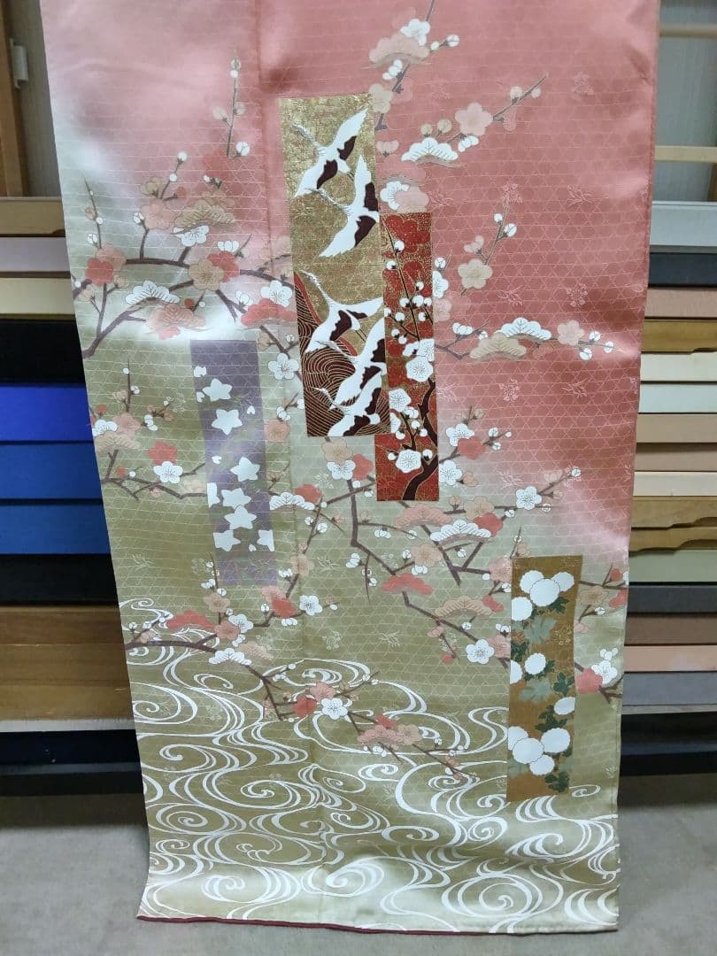 F-274 訪問着 金彩 染め分け 暈し 袷 鶴 松 梅 流水 緞子地 美品