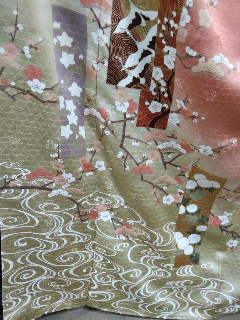 F-274 訪問着 金彩 染め分け 暈し 袷 鶴 松 梅 流水 緞子地 美品