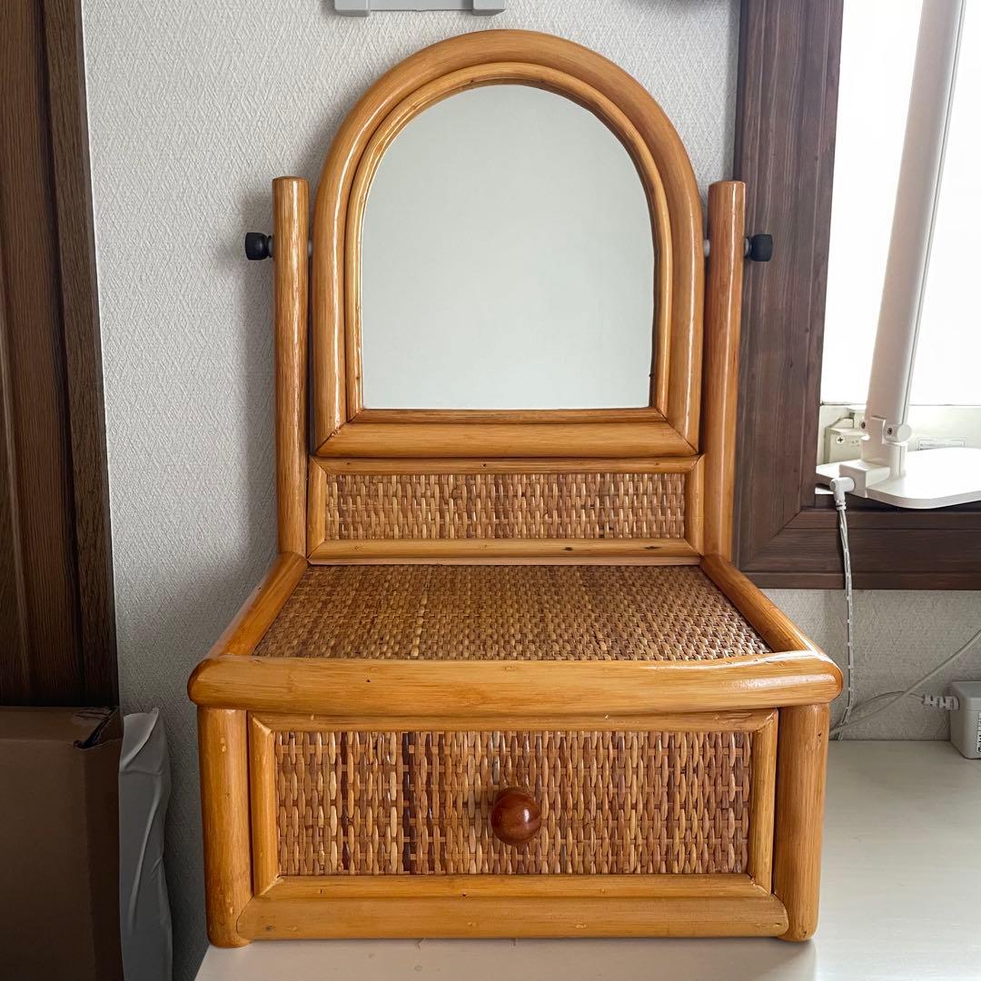 ラタン 籐 卓上ドレッサー ミニドレッサー 化粧台 レトロ ミラー