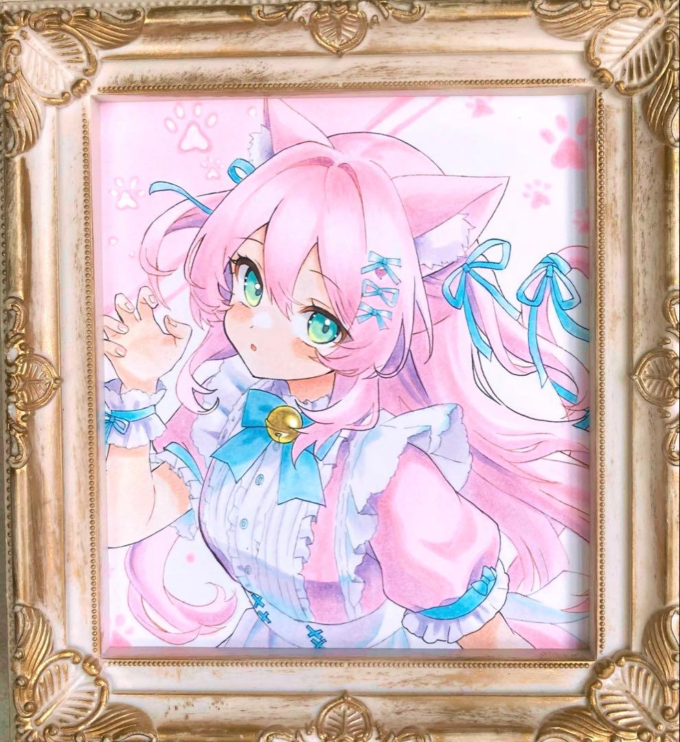 h*☆様 手描きイラスト.オリジナル.ピンク猫娘.アナログ.小色紙 - メルカリ