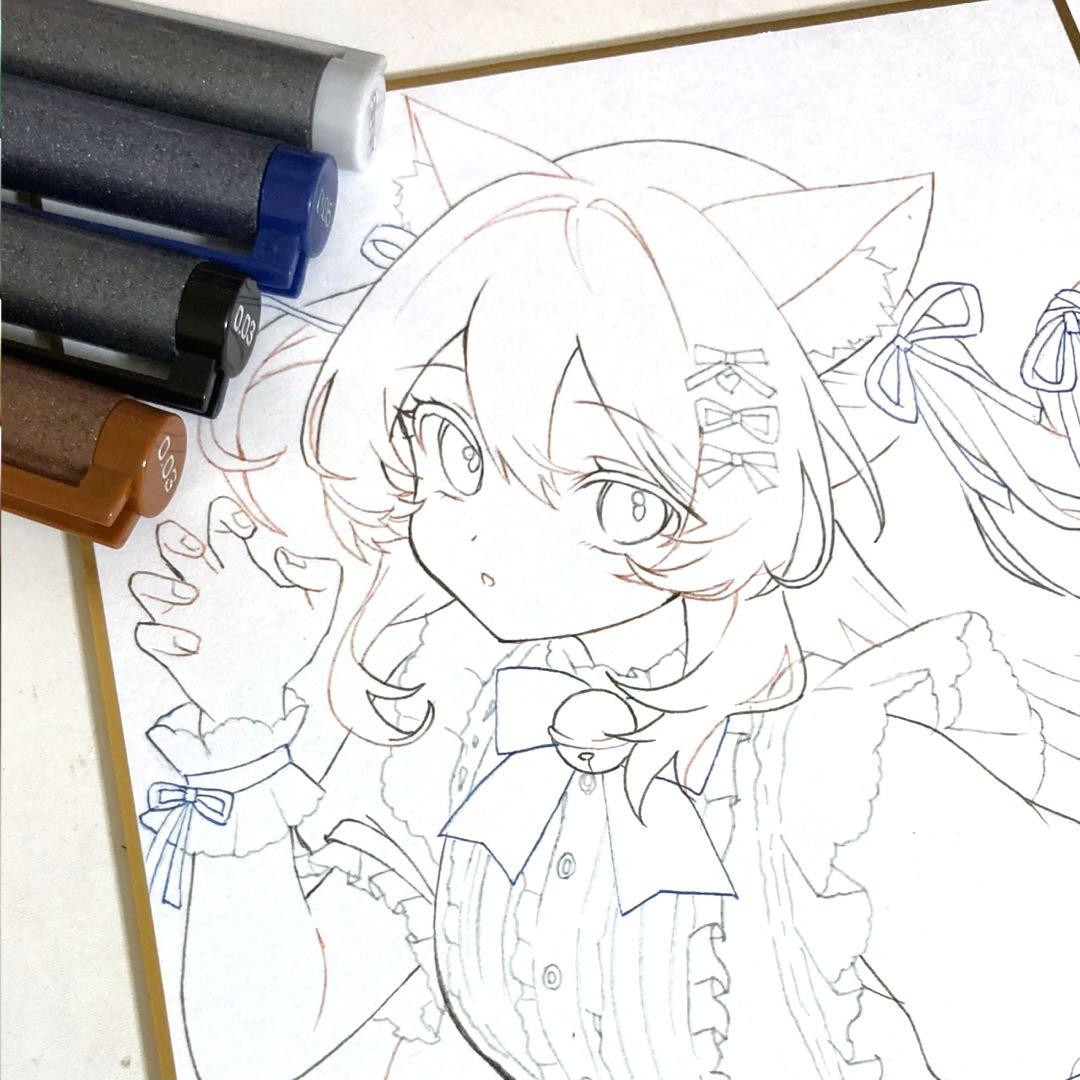 h*☆様 手描きイラスト.オリジナル.ピンク猫娘.アナログ.小色紙 - メルカリ