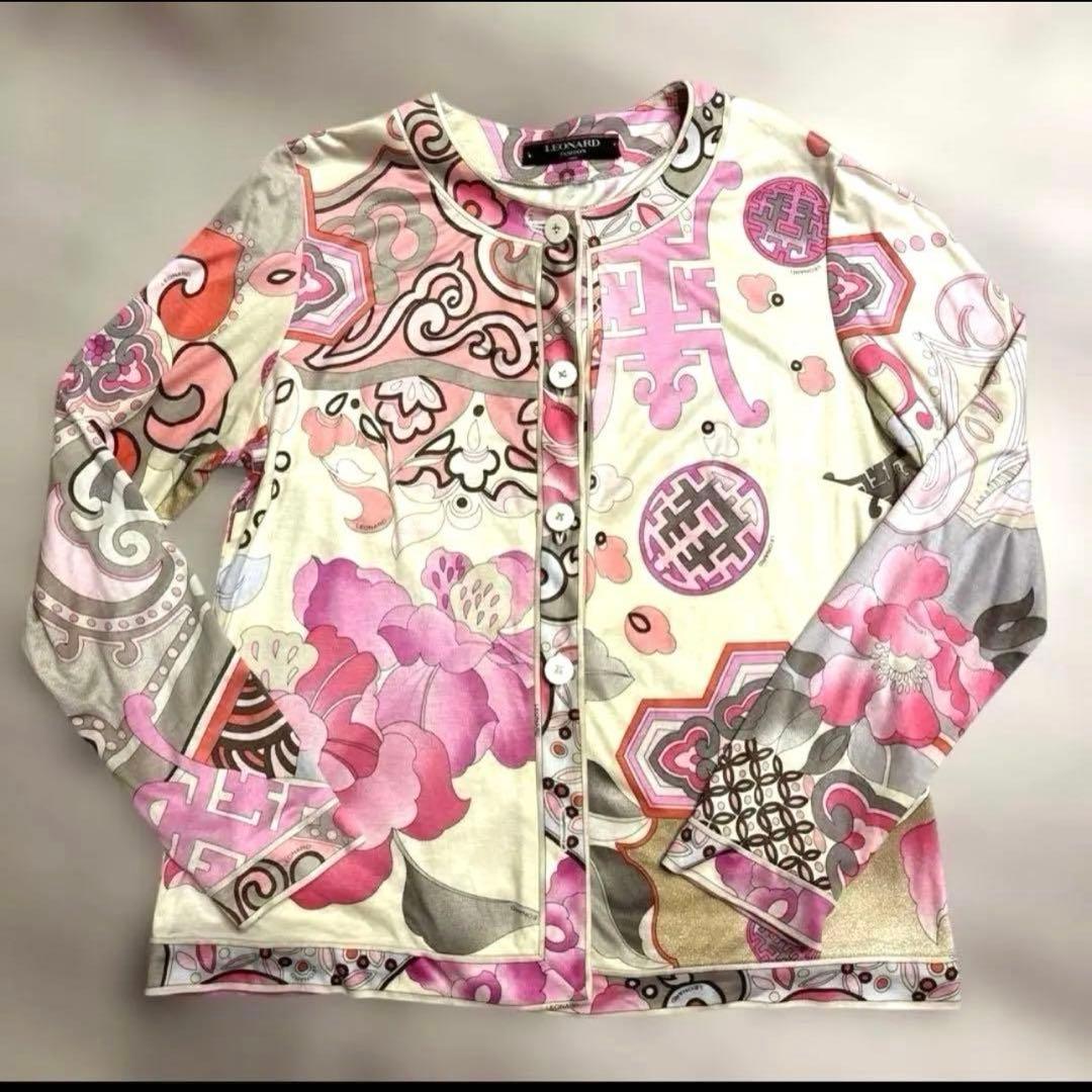 LEONARD レオナール 長袖 花柄ピンク系 カーディガン サイズL