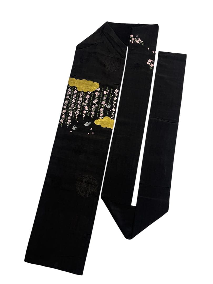 源如繻子アンティーク名古屋帯◇黒地 雲取りに枝垂れ桜とツバメ - メルカリ