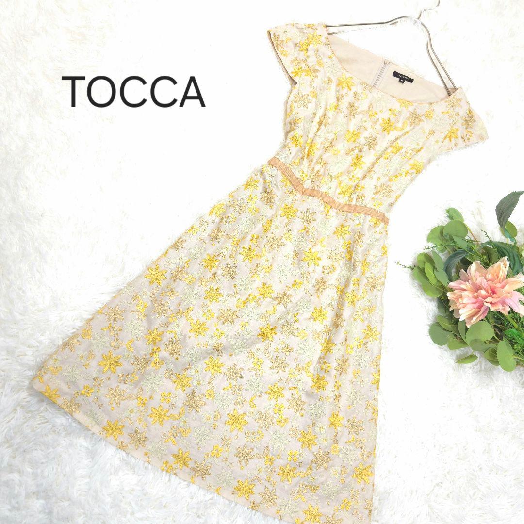 TOCCA トッカ 0 ワンピース 花柄 刺繍 イエロー 半袖 S ベージュ