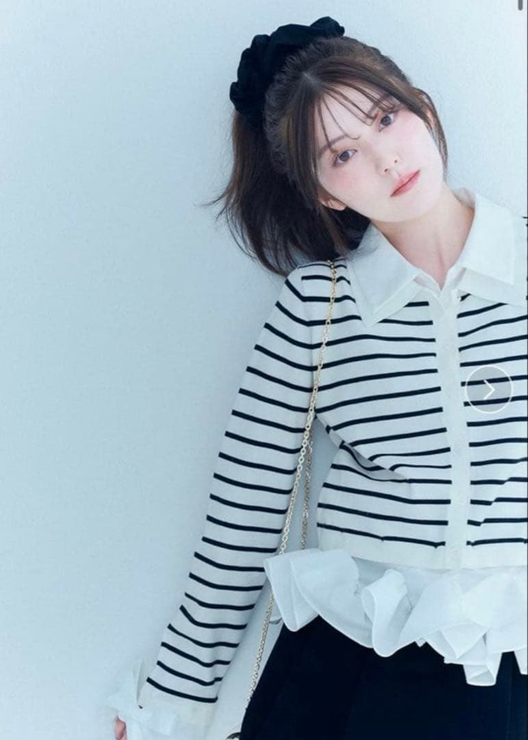 SNIDEL シャツドッキングヘムボリュームニットプルオーバー BORDER