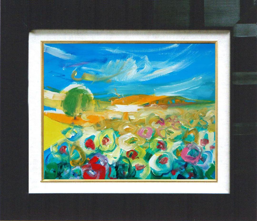 油絵 菅家令子 絵 絵画インテリア額付(青緑＋金色の枠)uF6-050610