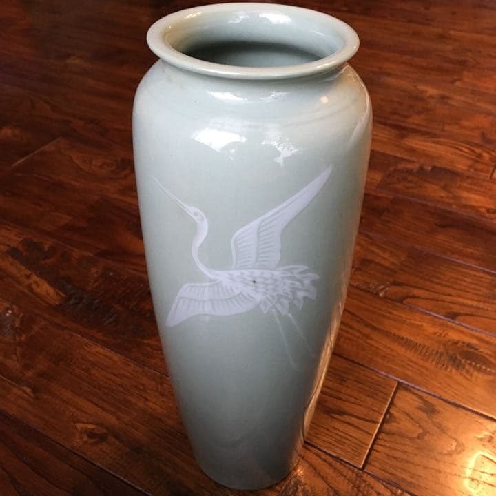 経年70年以上 清水焼 青磁 『鶴』花瓶 花器 花入 壺 飾り壺 時代物 骨董