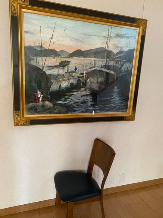 絵画久保田宏油絵朝の漁港特大F50 名画巨大額縁芸術品油彩作品