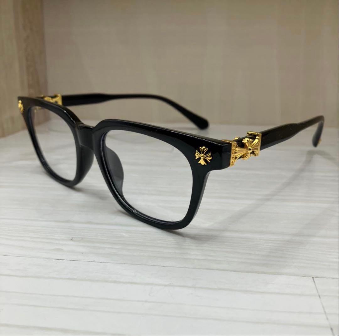 伊達メガネ クロムハーツ好き 黒縁 サングラス Y2K クロスデザイン