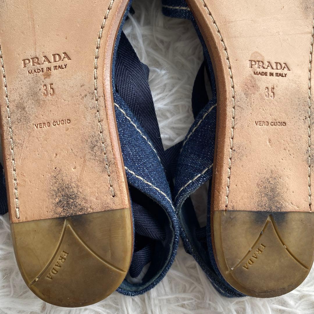 極美品 プラダ デニム フラットシューズ レースアップシューズ リボン