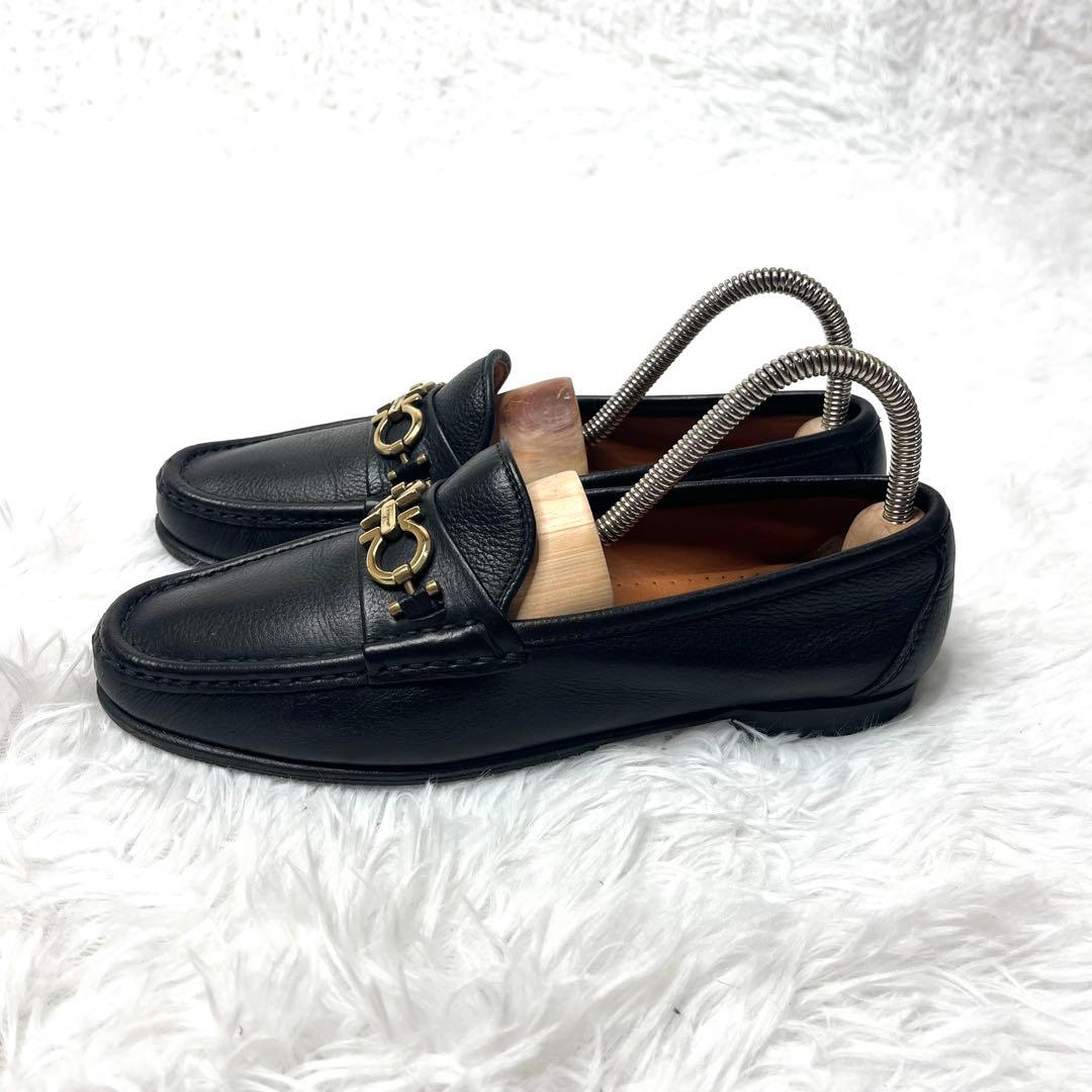 【美品】 フェラガモ ガンチーニ ビットローファー 24.0cm シボ加工 黒