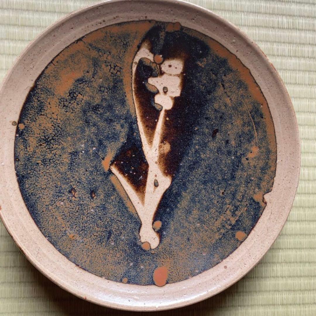 極上！優美大皿人間国宝濱田庄司作 《唐黍文柿釉抜絵皿》（検益子焼