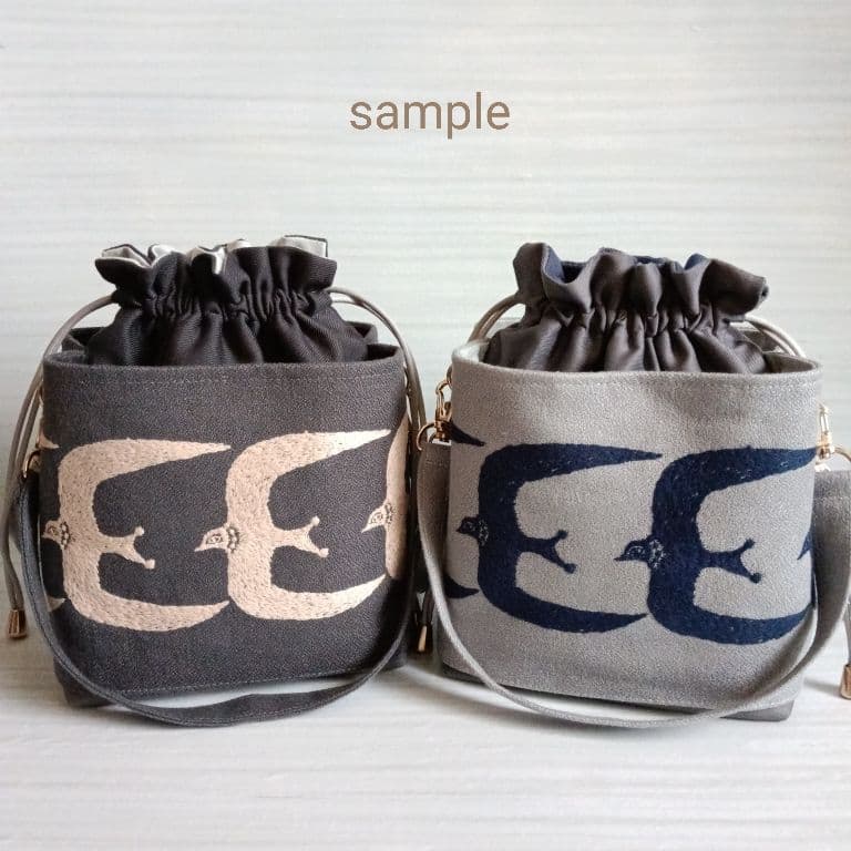 ミナペルホネン ポケット巾着バッグ go! ダークグレー 鳥さん