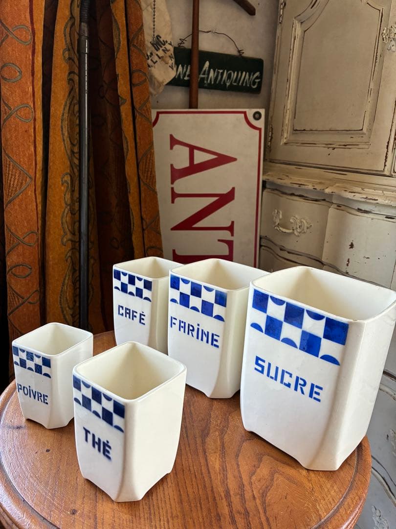 FJ様専用アンティーク 陶器 キャニスター ブルー 市松 バドンヴィレー