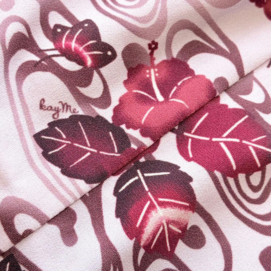 美品 9号 kayme ケイミー 紅ハイビスカス ツイストワンピ 花柄 ピンク